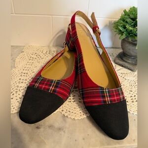 J. Crew Red Plaid Slingback Flats with Black Toe